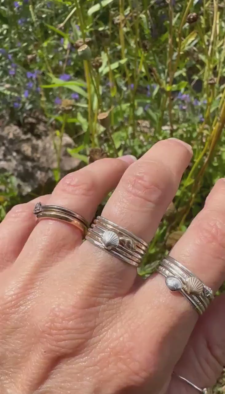 Whelk Shell Stacking Ring, Solid 9ct Gold or Sterling Silver Shell on a 1.2mm 925 Sterling Silver Ring Band, Seashell Ring