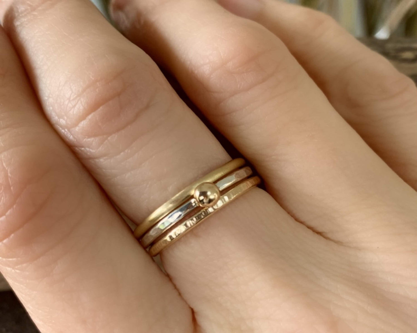 Hallmarked 9ct Gold Nugget on a 1.8mm 925 Sterling Silver Ring, Hammered Ring Band, Handmade Stacking Ring, Minimalist Ring