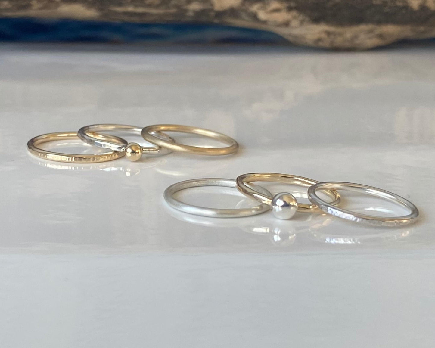 9ct Gold Nugget Stacking Ring Set, 925 Sterling Silver Nugget Stacking Rings, 9ct Gold and Sterling Silver 1.2mm Skinny Minimalist Ring Band