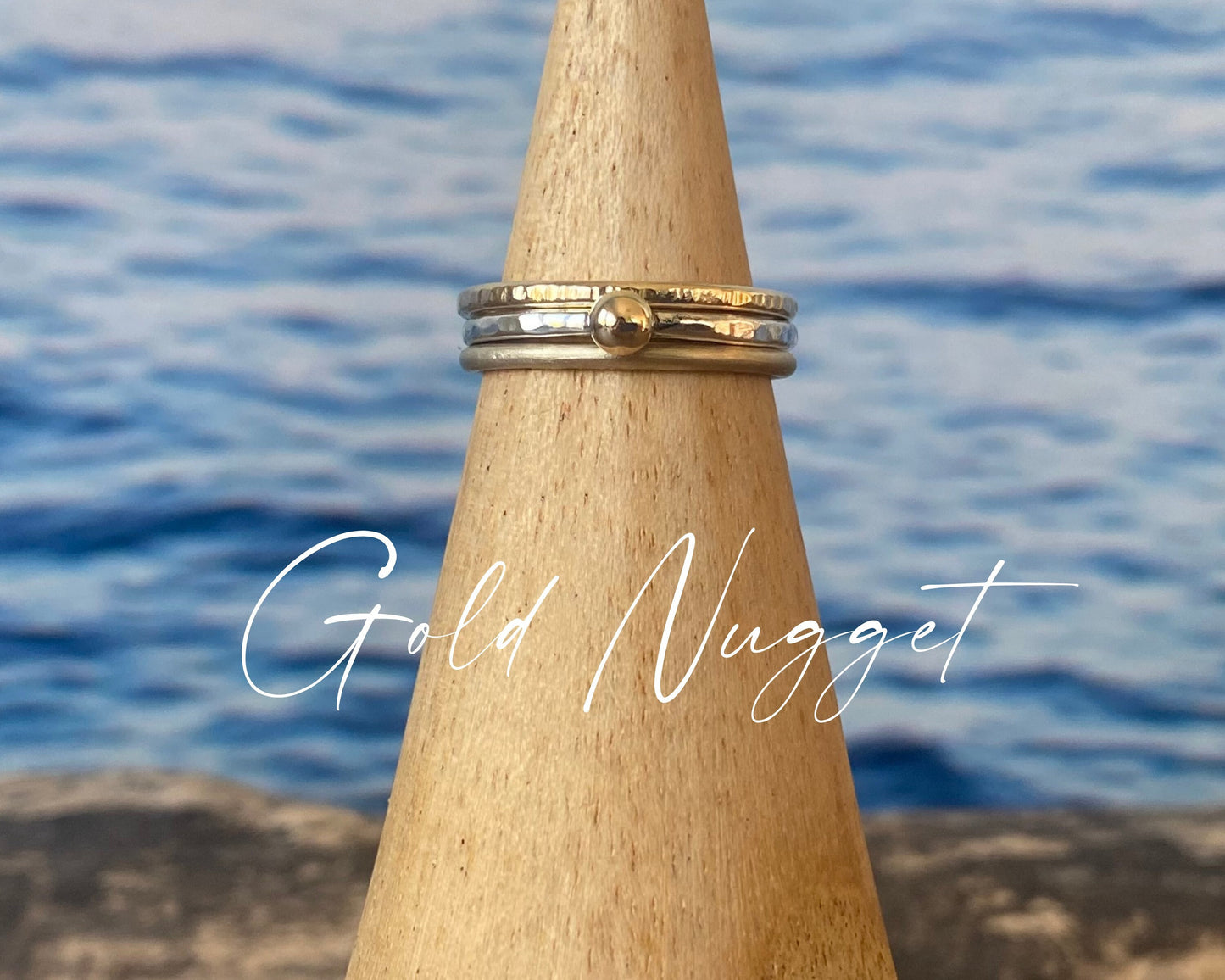 9ct Gold Nugget Stacking Ring Set, 925 Sterling Silver Nugget Stacking Rings, 9ct Gold and Sterling Silver 1.2mm Skinny Minimalist Ring Band