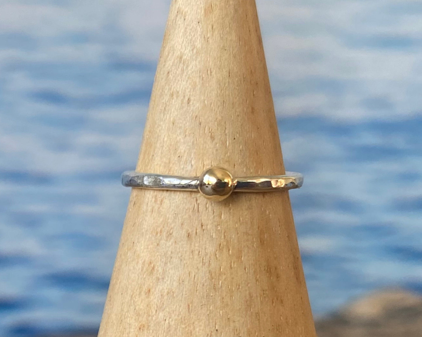 Hallmarked 9ct Gold Nugget on a 1.8mm 925 Sterling Silver Ring, Hammered Ring Band, Handmade Stacking Ring, Minimalist Ring