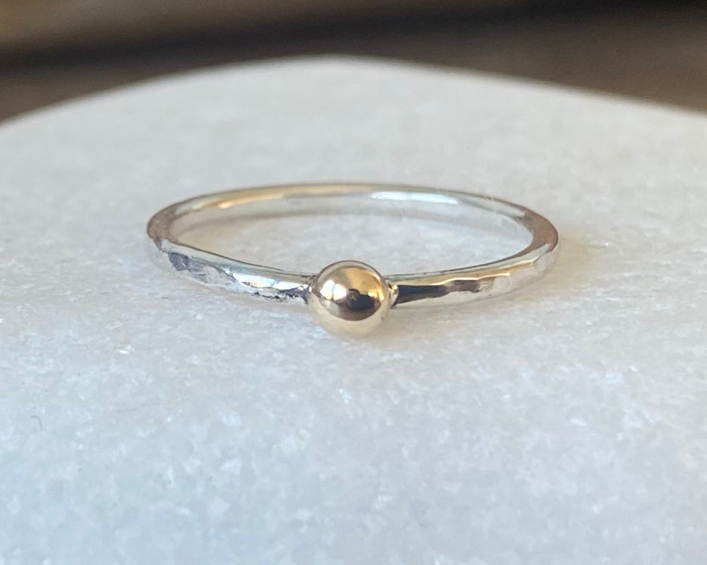 Hallmarked 9ct Gold Nugget on a 1.8mm 925 Sterling Silver Ring, Hammered Ring Band, Handmade Stacking Ring, Minimalist Ring