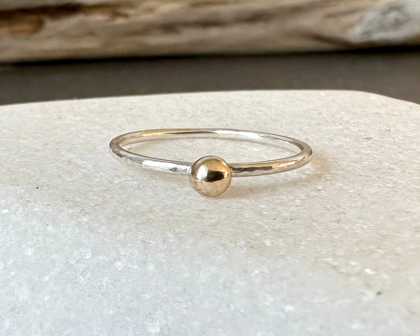 Gold Nugget on 1.2mm 925 Sterling Silver Ring, Hammered Ring Band, Recycled Gold Skinny Stacking Ring.