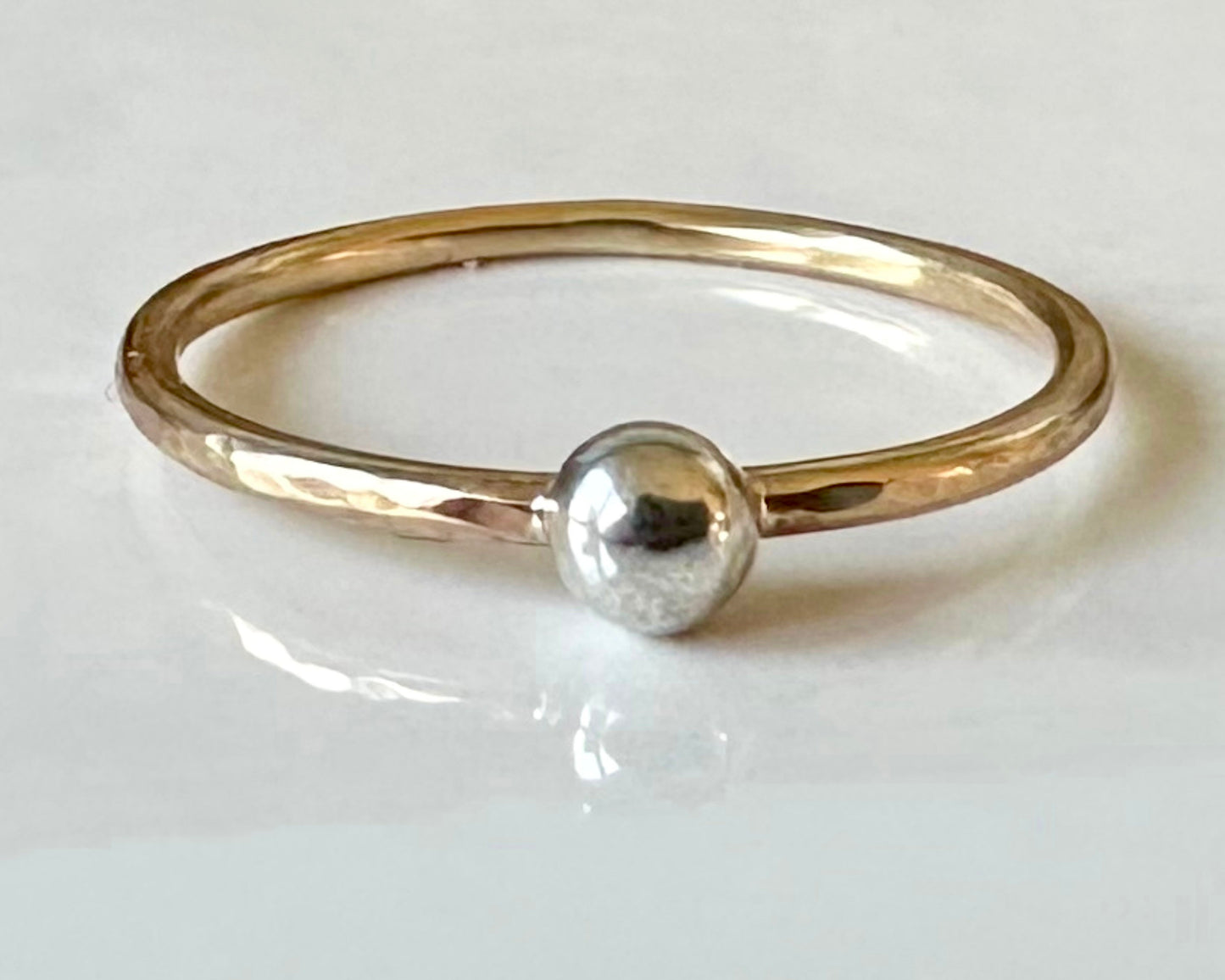 Skinny 9ct Gold Ring with 925 Sterling Silver Nugget, 1.2mm Hammered Ring Band, Handmade Stacking Ring, Minimalist Ring