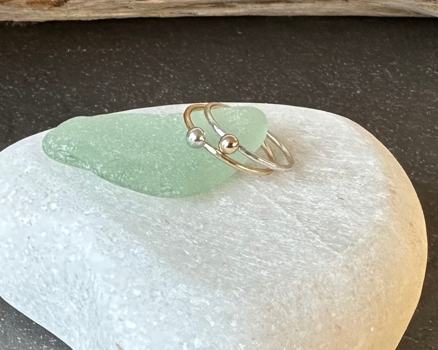 Set of Two Skinny Stacking Rings, 9ct Gold Nugget on 1.2mm 925 Sterling Silver Ring and 925 Sterling Silver Nugget on 1.2mm 9ct Gold Ring