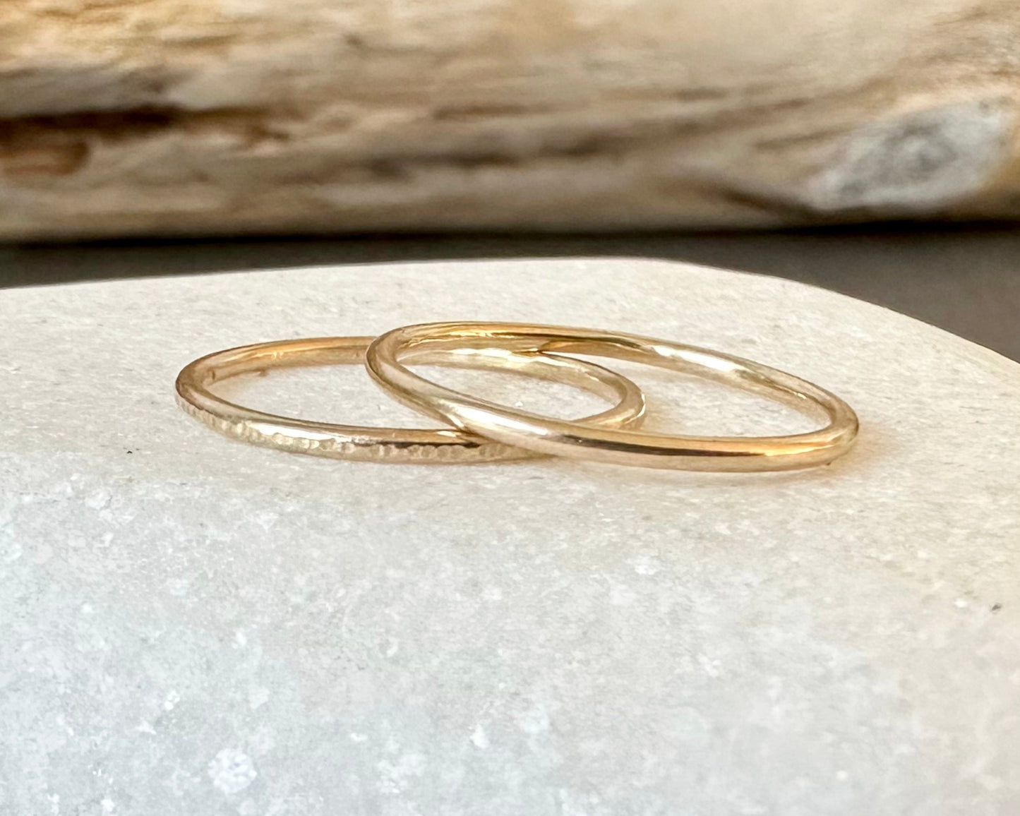Set of Two Skinny 9ct Gold Rings, Hallmarked Gold Stacking Rings, 1.2mm, 1.5mm, 1.8mm, One Plain, One Ripple Hammered Pattern