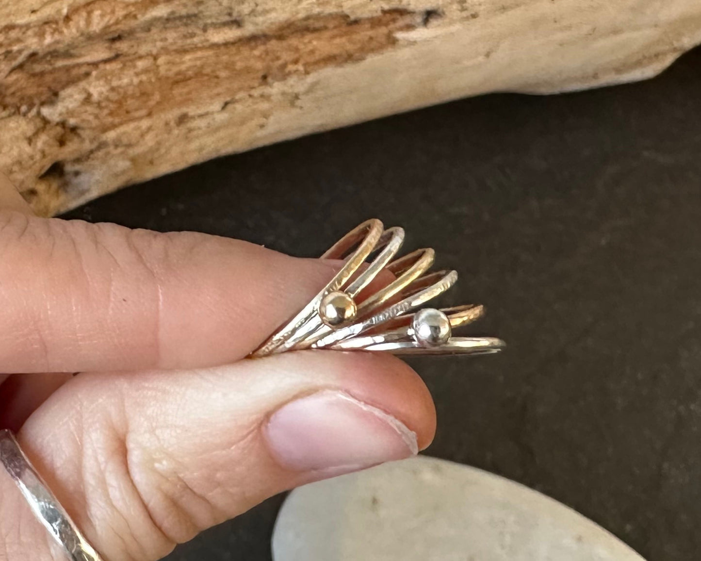 Gold Nugget on 1.2mm 925 sterling Silver Stacking Ring Set, Recycled Gold and Sterling Silver 1.2mm Skinny Minimalist Rings