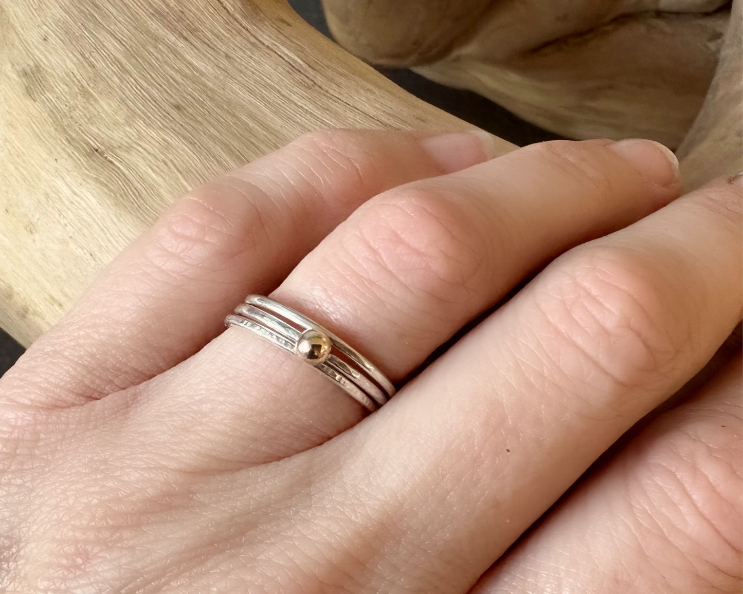 Gold Nugget on 1.2mm 925 sterling Silver Stacking Ring Set, Recycled Gold and Sterling Silver 1.2mm Skinny Minimalist Rings