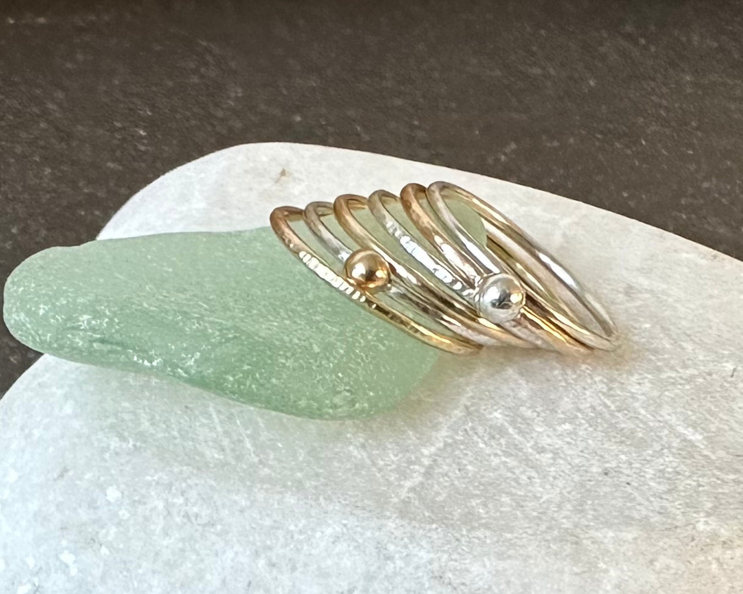 Set of Six Gold and Silver Skinny Stacking Rings, 9ct Gold, 925 Sterling Silver, Nugget Rings, Pebble Rings, Stacking Ring Set