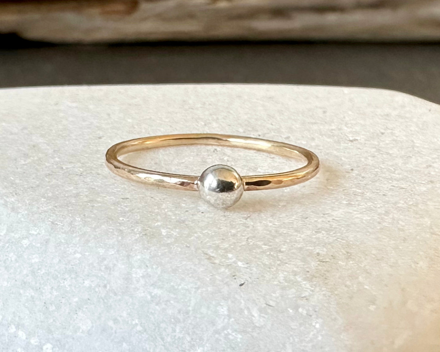 Skinny 9ct Gold Ring with 925 Sterling Silver Nugget, 1.2mm Hammered Ring Band, Handmade Stacking Ring, Minimalist Ring