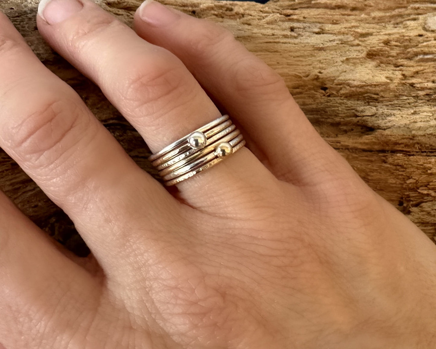 Set of Six Gold and Silver Skinny Stacking Rings, 9ct Gold, 925 Sterling Silver, Nugget Rings, Pebble Rings, Stacking Ring Set