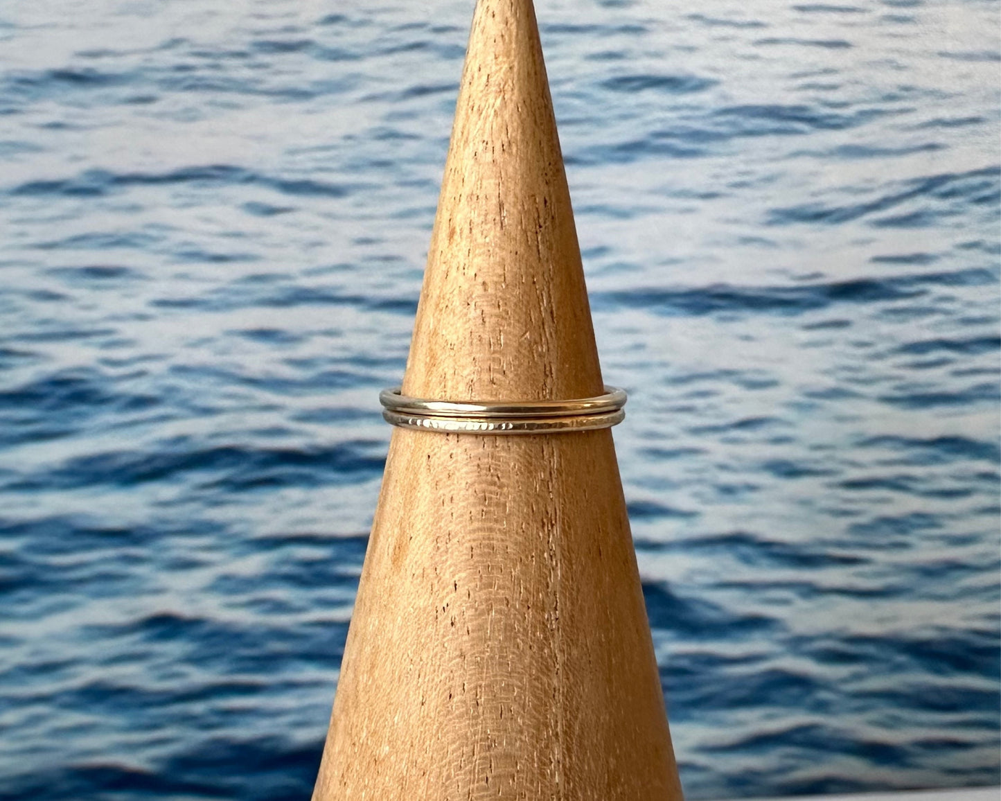 Set of Two Skinny 9ct Gold Rings, Hallmarked Gold Stacking Rings, 1.2mm, 1.5mm, 1.8mm, One Plain, One Ripple Hammered Pattern