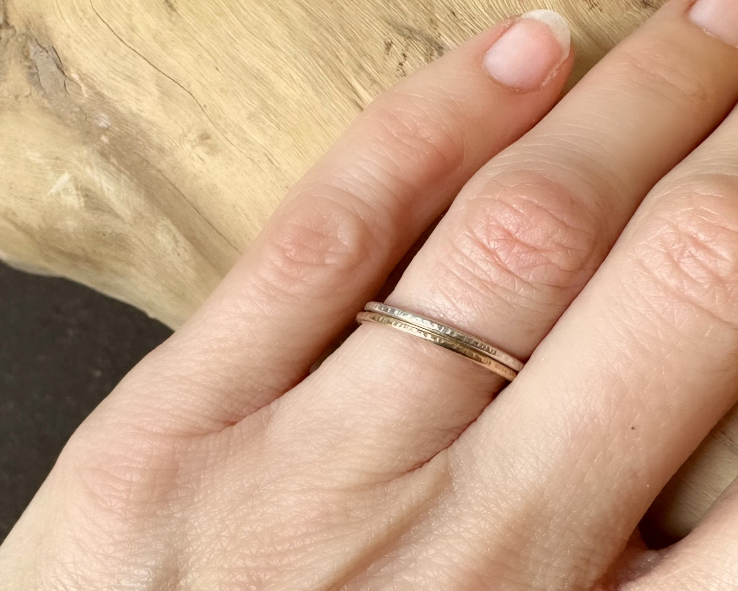 Solid 9ct Gold and 925 Sterling Silver Ring Set, 1.2mm, 1.5mm, 1.8mm, Hallmarked Gold and Silver Hammered Ring Set of Two