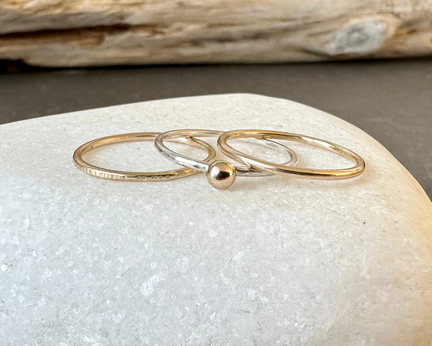 9ct Gold Nugget Stacking Ring Set, 925 Sterling Silver Nugget Stacking Rings, 9ct Gold and Sterling Silver 1.2mm Skinny Minimalist Ring Band