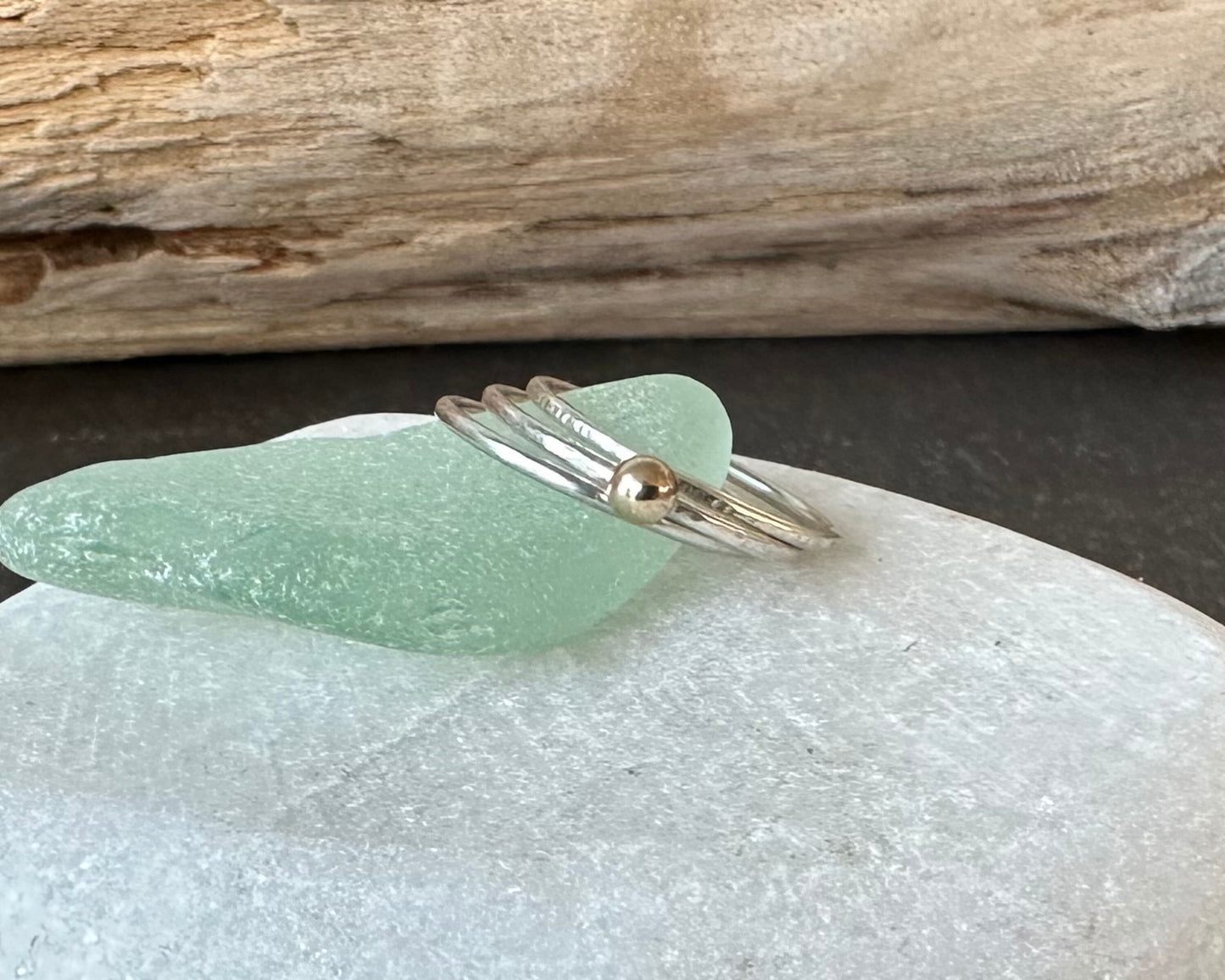 Gold Nugget on 1.2mm 925 sterling Silver Stacking Ring Set, Recycled Gold and Sterling Silver 1.2mm Skinny Minimalist Rings