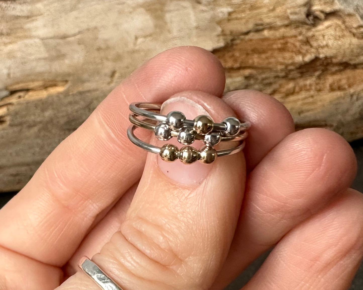 Fidget Ring Handmade from 925 Sterling Silver and 9ct Gold and Silver Beads, Gold and Silver Stackable Ring Band, Anxiety Ring, Spinner Ring