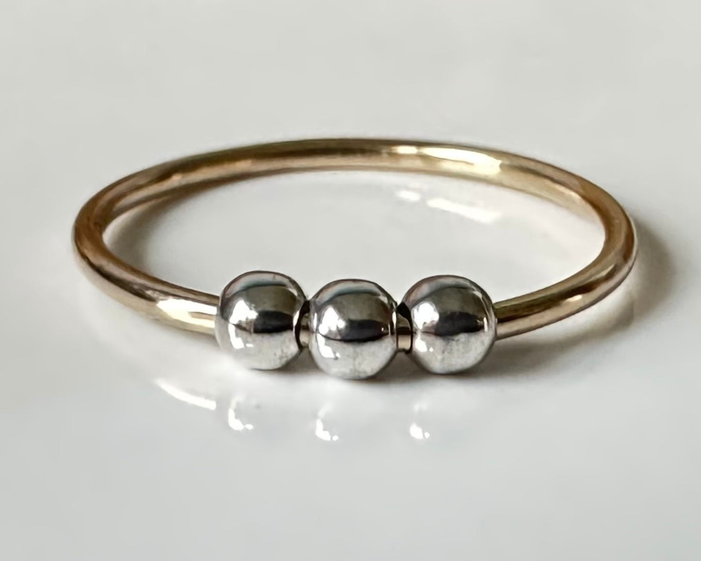 Fidget Ring Handmade from 9ct Gold and Sterling Silver Beads, 1.2mm Gold Stackable Ring Band, Anxiety Ring, Spinner Ring