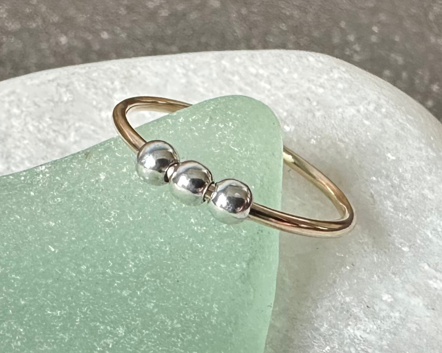Fidget Ring Handmade from 9ct Gold and Sterling Silver Beads, 1.2mm Gold Stackable Ring Band, Anxiety Ring, Spinner Ring