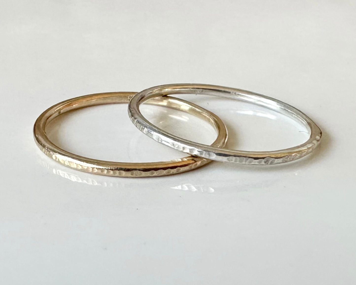 Solid 9ct Gold and 925 Sterling Silver Ring Set, 1.2mm, 1.5mm, 1.8mm, Hallmarked Gold and Silver Hammered Ring Set of Two