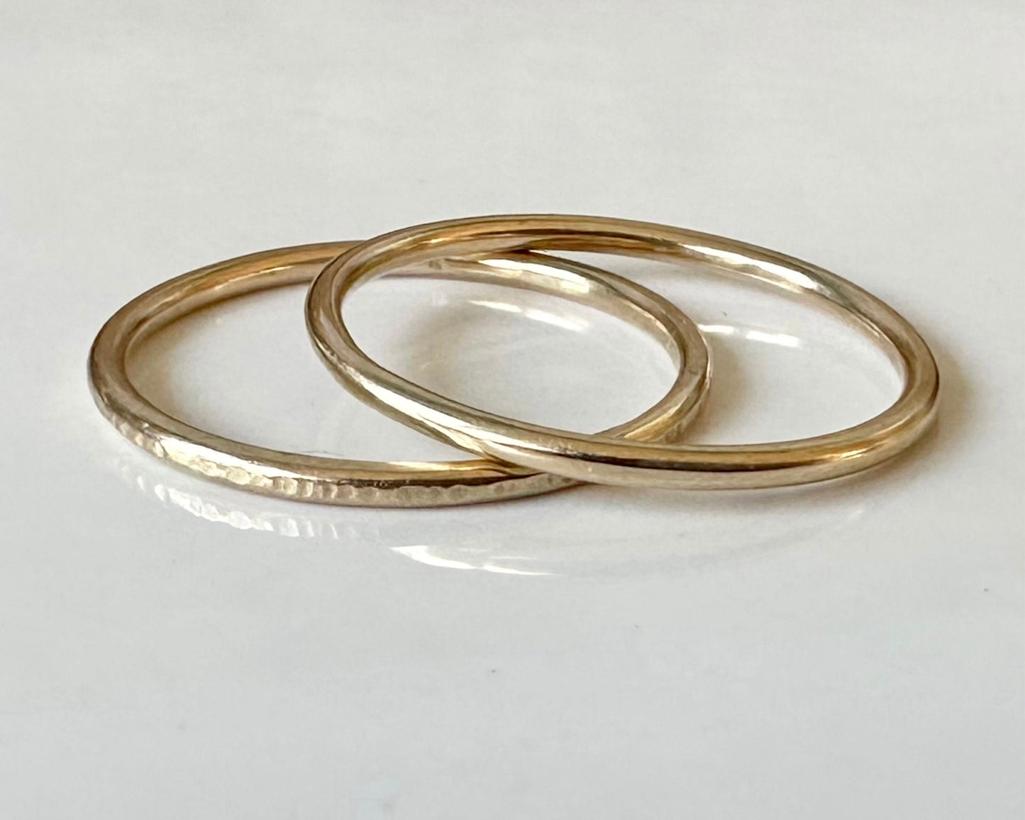 Set of Two Skinny 9ct Gold Rings, Hallmarked Gold Stacking Rings, 1.2mm, 1.5mm, 1.8mm, One Plain, One Ripple Hammered Pattern