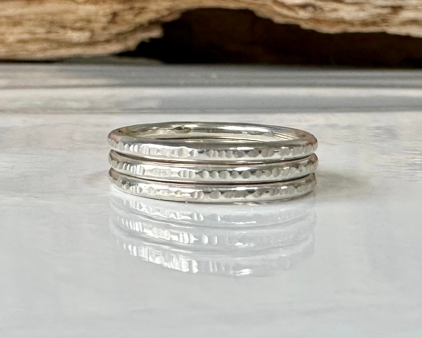 Set of three Shiny 1.8mm 925 Sterling Silver Stacking Rings, Ripple Hammered Effect Minimalist Ring Band, Handmade Stacking Ring