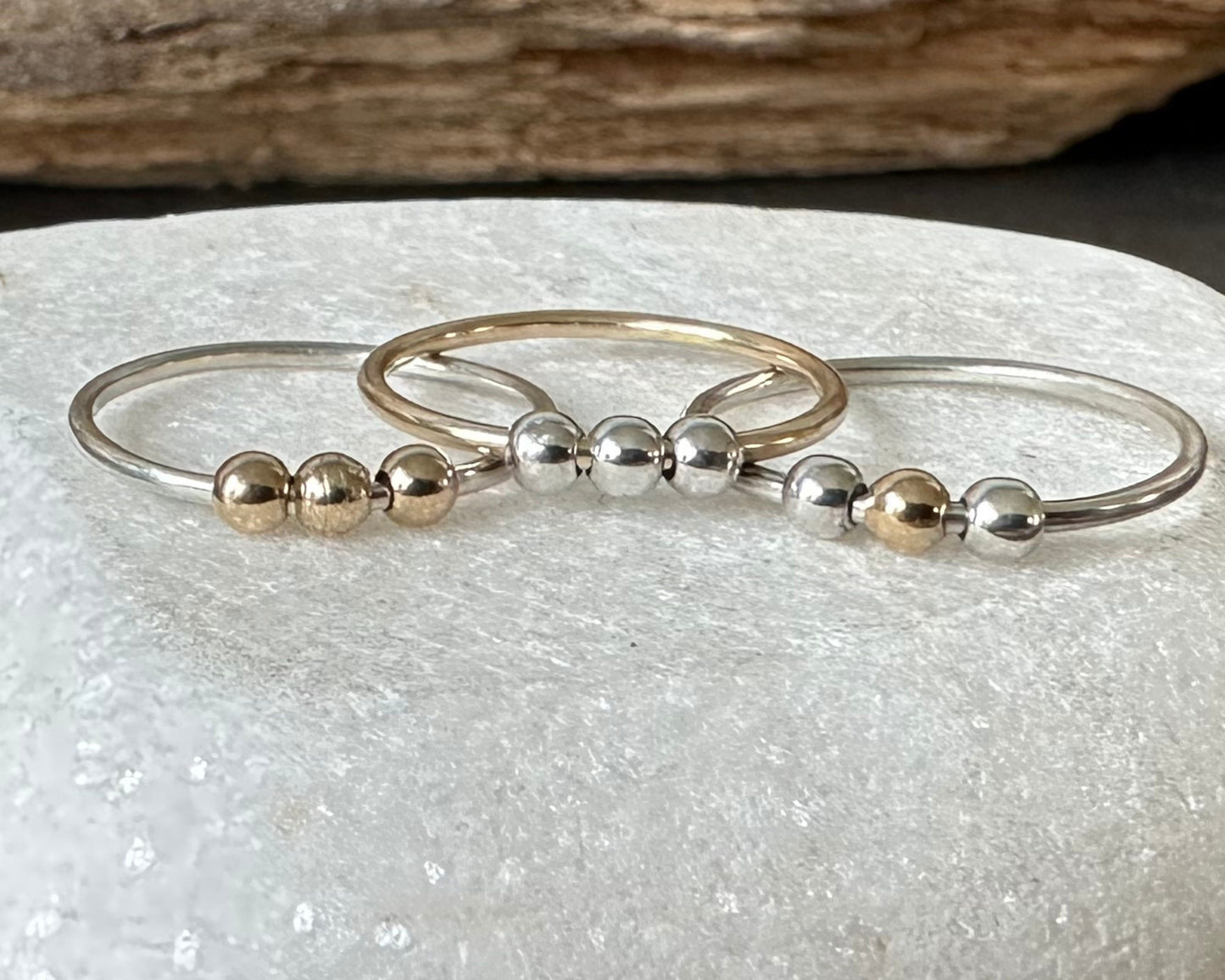 Fidget Ring Handmade from 925 Sterling Silver and 9ct Gold and Silver Beads, Gold and Silver Stackable Ring Band, Anxiety Ring, Spinner Ring