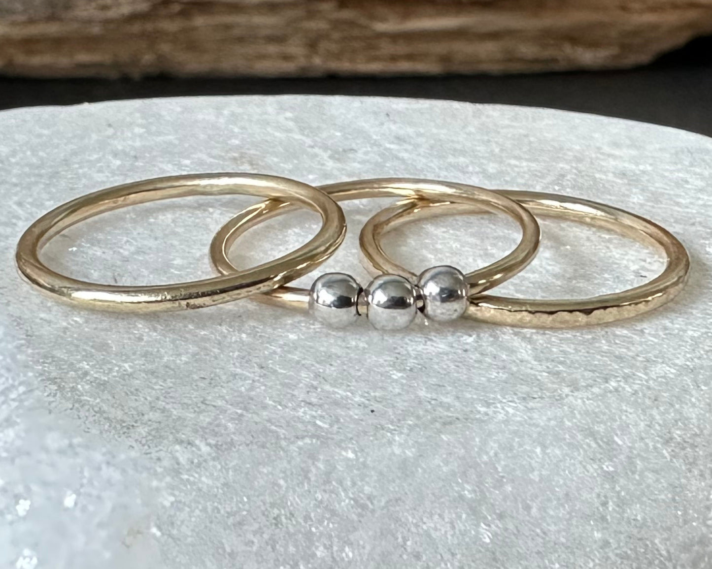 Fidget Ring Handmade from 9ct Gold and Sterling Silver Beads, 1.2mm Gold Stackable Ring Band, Anxiety Ring, Spinner Ring