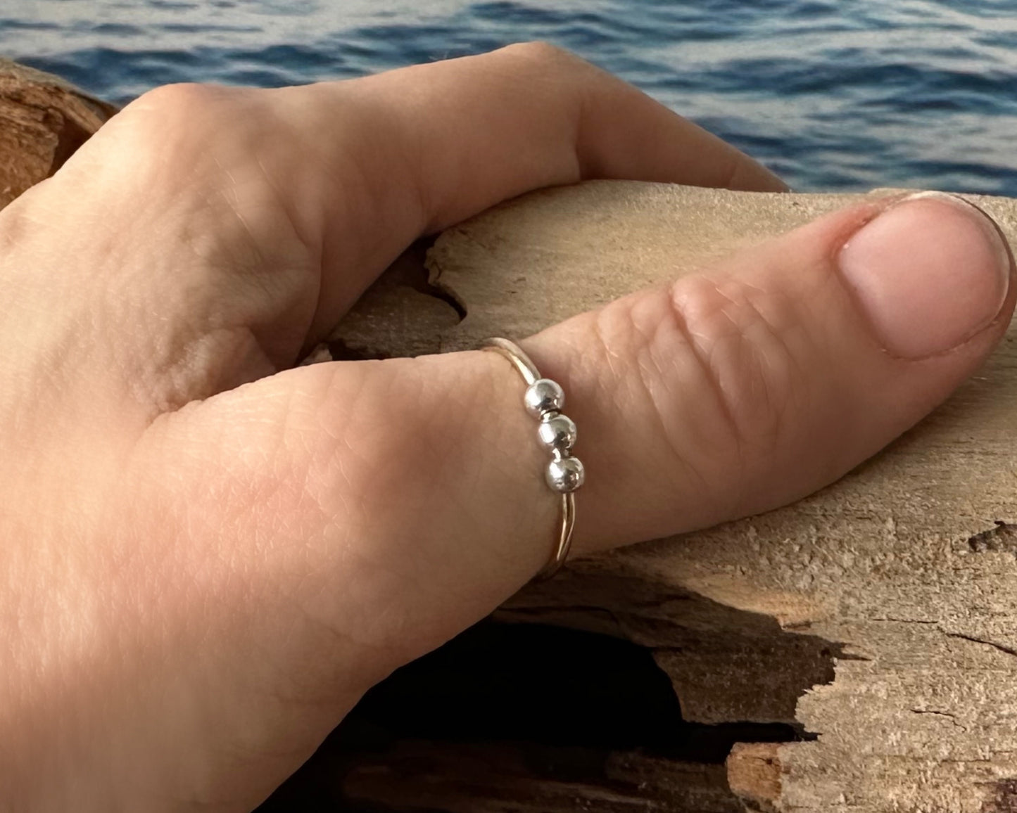 Fidget Ring Handmade from 9ct Gold and Sterling Silver Beads, 1.2mm Gold Stackable Ring Band, Anxiety Ring, Spinner Ring