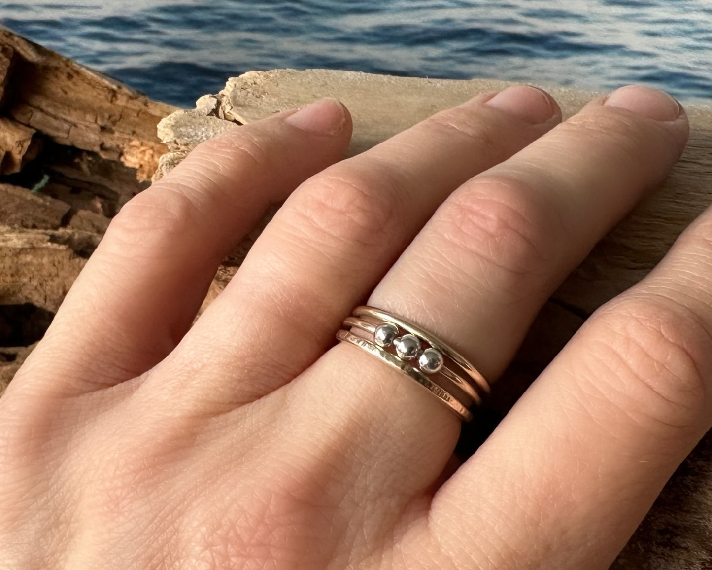 Fidget Ring Handmade from 9ct Gold and Sterling Silver Beads, 1.2mm Gold Stackable Ring Band, Anxiety Ring, Spinner Ring