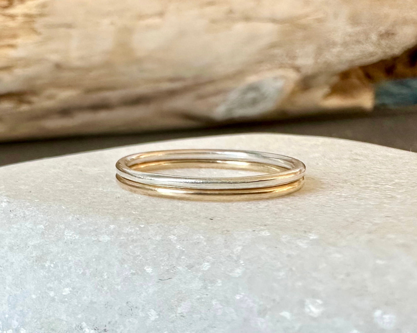 Solid 9ct Gold and 925 Sterling Silver Ring Set, Hallmarked 1.2mm, 1.5mm, 1.8mm Gold and Silver Plain Ring Band Set of Two