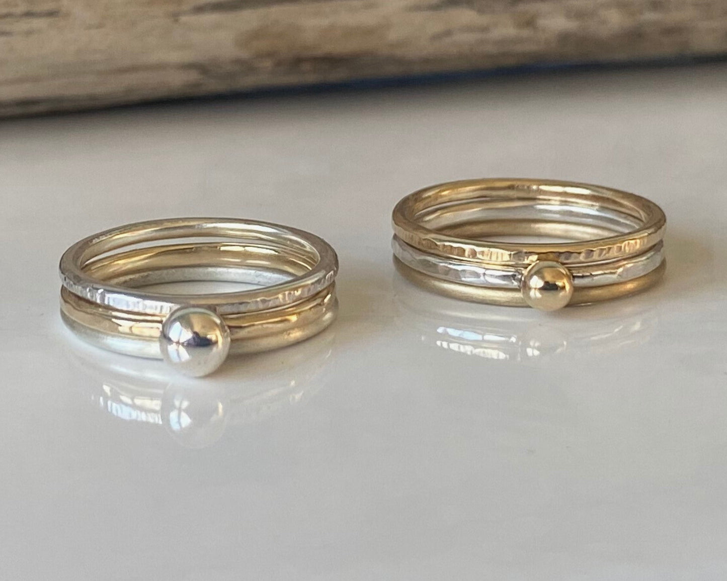 9ct Gold Nugget Stacking Ring Set, 925 Sterling Silver Nugget Stacking Rings, 9ct Gold and Sterling Silver 1.2mm Skinny Minimalist Ring Band