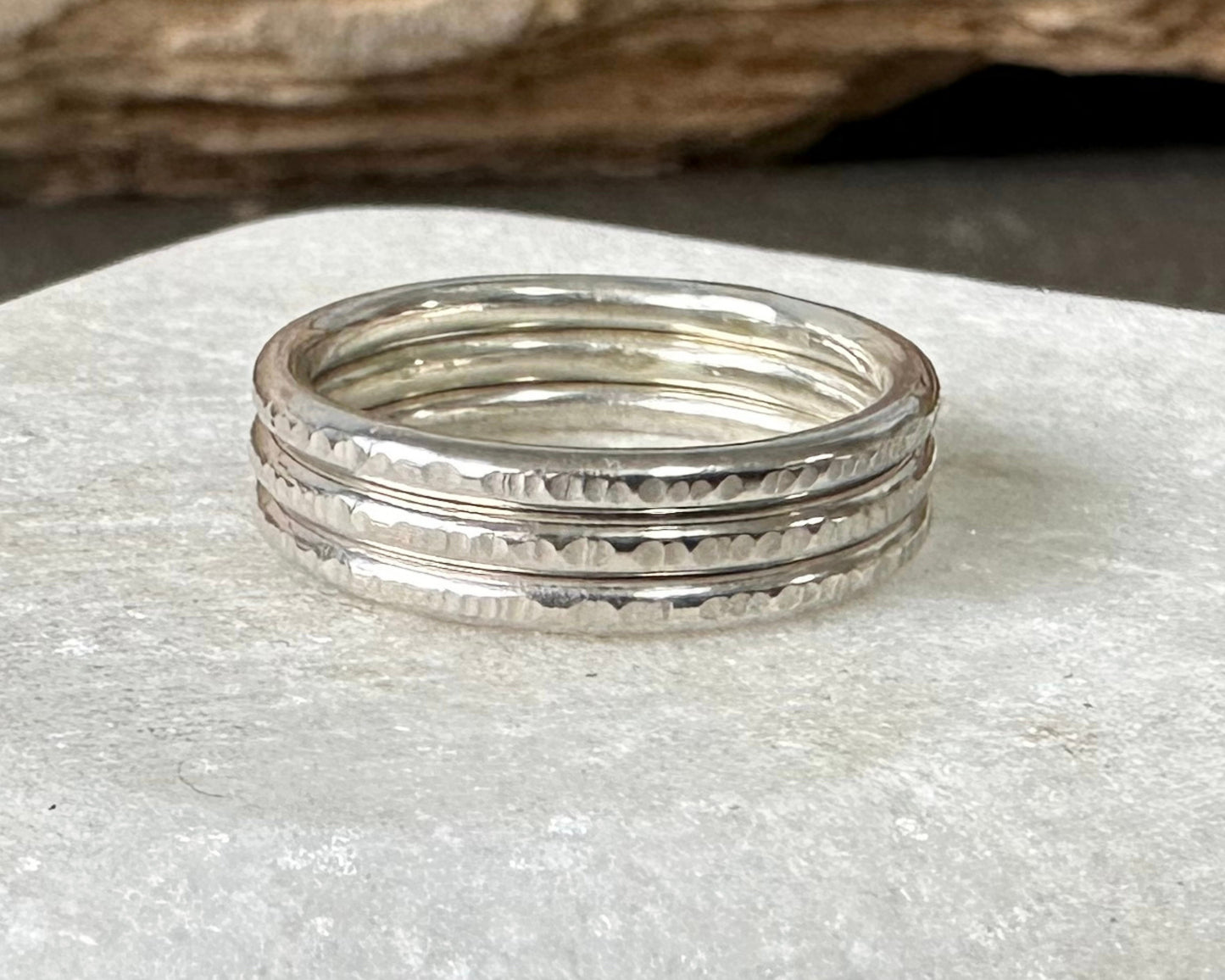 Set of three Shiny 1.8mm 925 Sterling Silver Stacking Rings, Ripple Hammered Effect Minimalist Ring Band, Handmade Stacking Ring