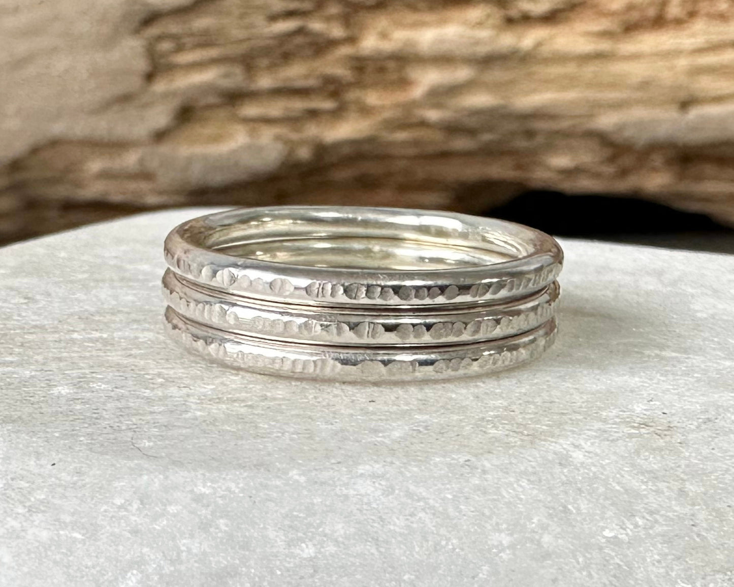Set of three Shiny 1.8mm 925 Sterling Silver Stacking Rings, Ripple Hammered Effect Minimalist Ring Band, Handmade Stacking Ring