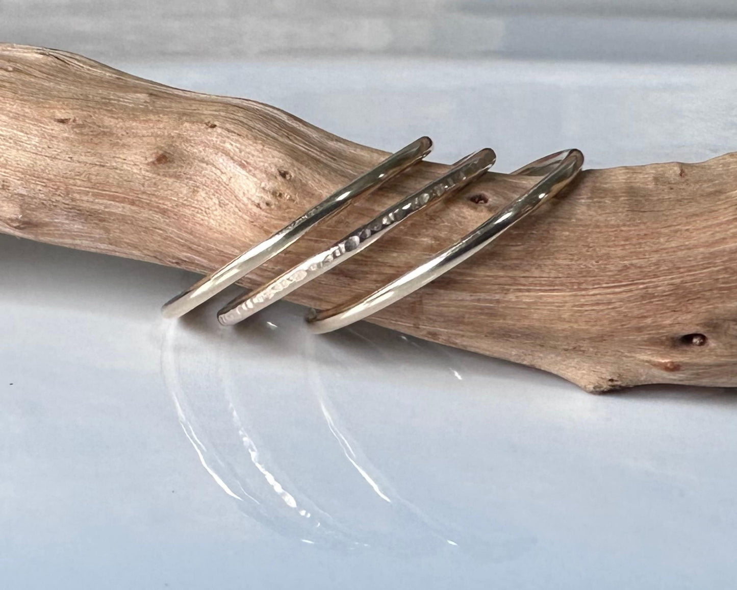 Solid 9ct Gold Stack of Three Stacking Rings, Hallmarked Gold Stacking Ring Set, Two Plain and Shiny and One Ripple Hammered Pattern