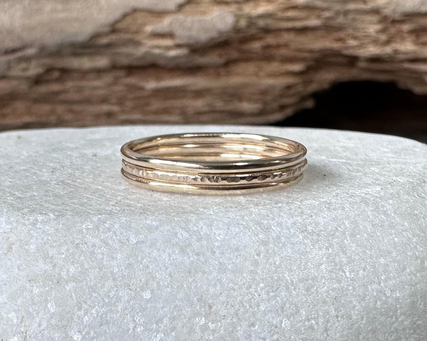 Solid 9ct Gold Stack of Three Stacking Rings, Hallmarked Gold Stacking Ring Set, Two Plain and Shiny and One Ripple Hammered Pattern