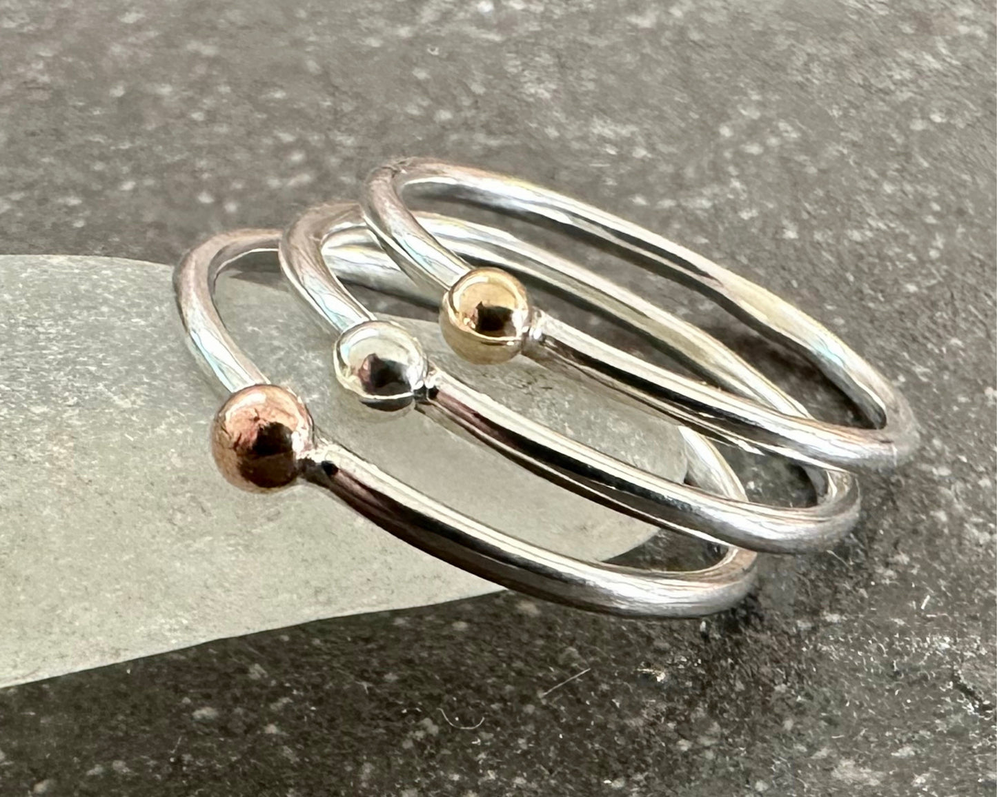 Set of Three Stacking Rings, Solid 9ct Yellow Gold Dot, Solid 9ct Rose Gold Dot, 925 Sterling Silver Dot on 1.3mm 925 Sterling Silver Ring