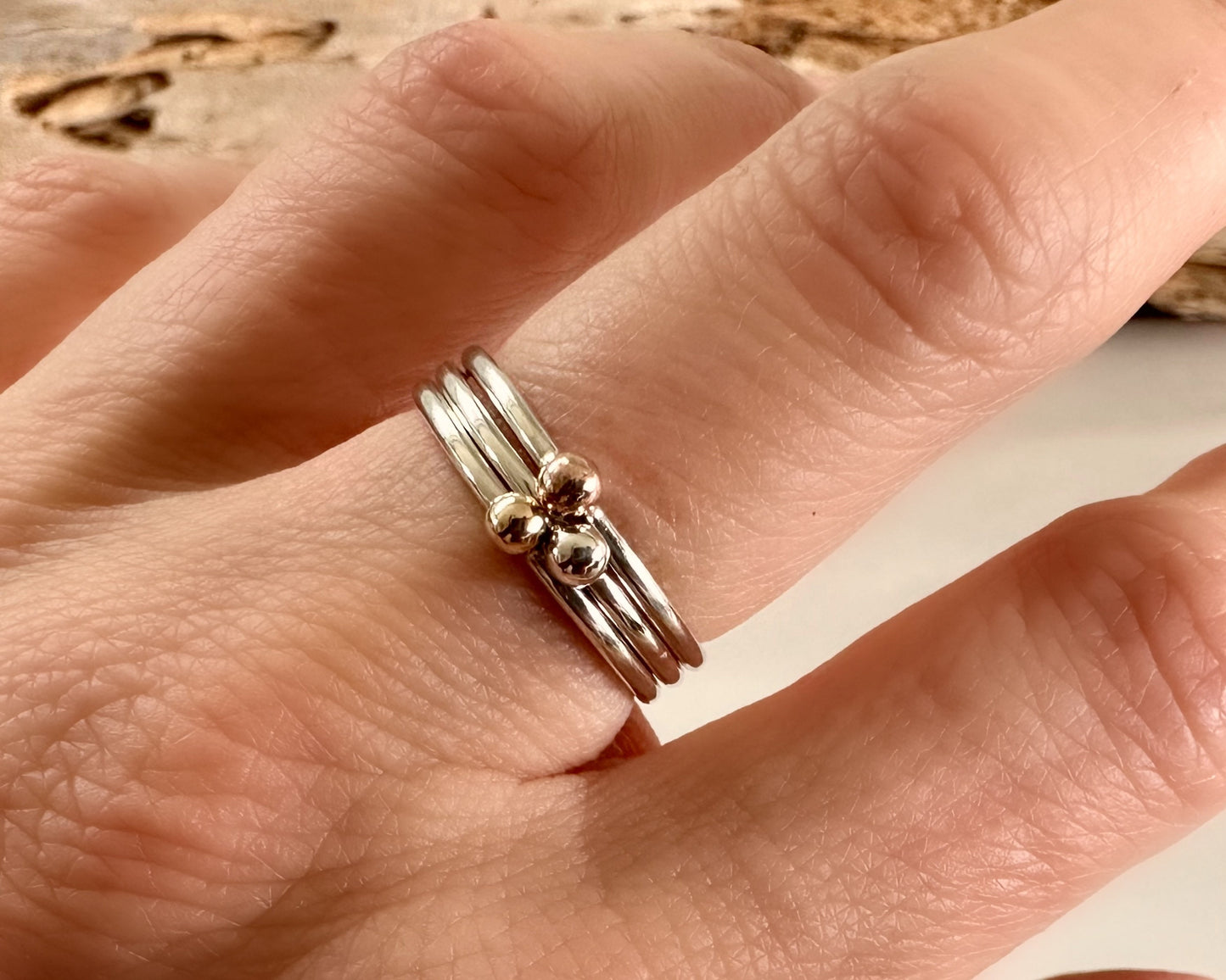 Set of Three Stacking Rings, Solid 9ct Yellow Gold Dot, Solid 9ct Rose Gold Dot, 925 Sterling Silver Dot on 1.3mm 925 Sterling Silver Ring