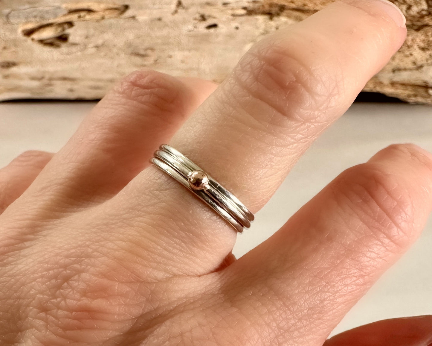 Solid Yellow Gold, Rose Gold or Silver Dot on 1.3mm 925 Sterling Silver Ring Band, Pebble Ring, Mixed Metal Recycled Stacking Ring.