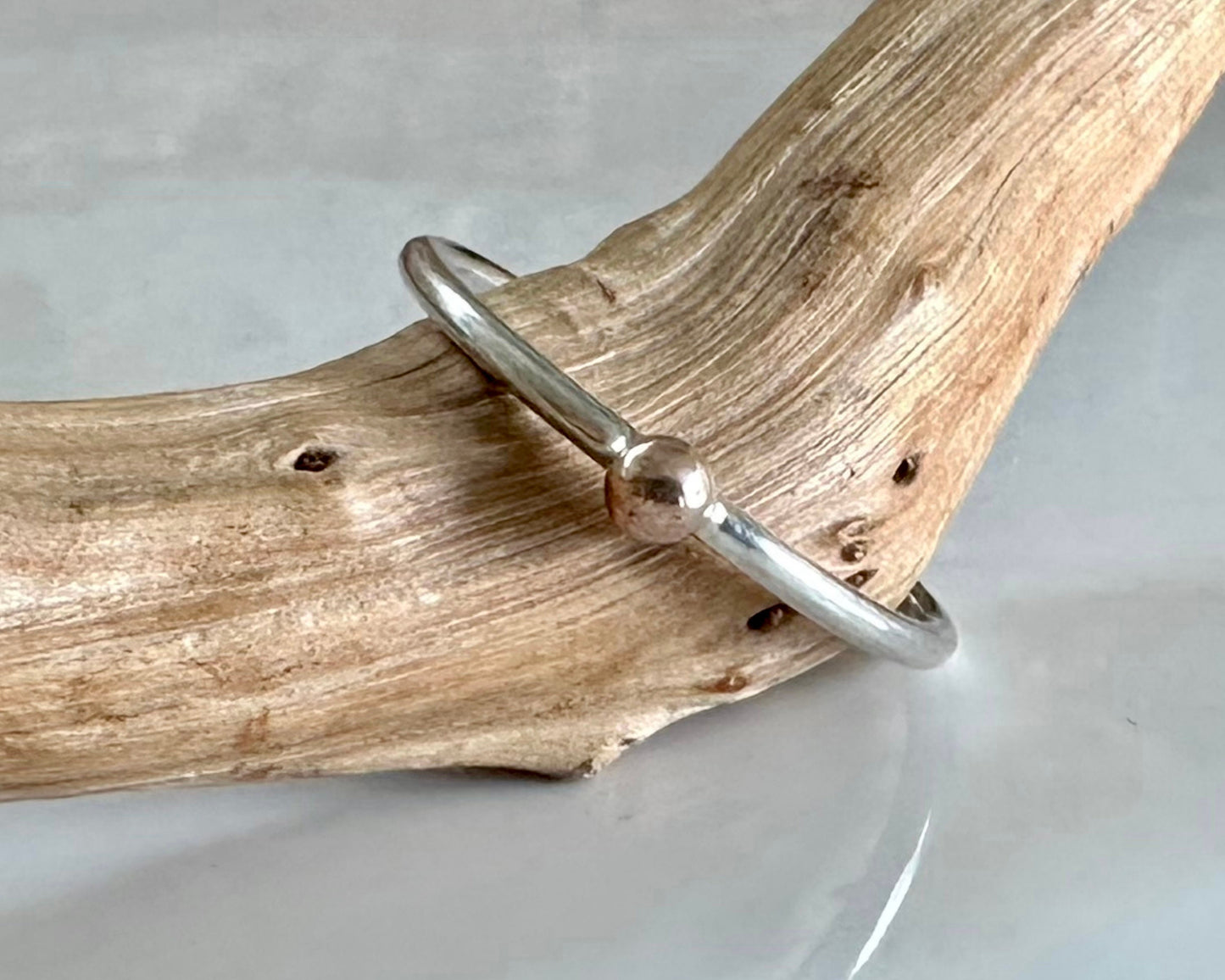 Solid Yellow Gold, Rose Gold or Silver Dot on 1.3mm 925 Sterling Silver Ring Band, Pebble Ring, Mixed Metal Recycled Stacking Ring.