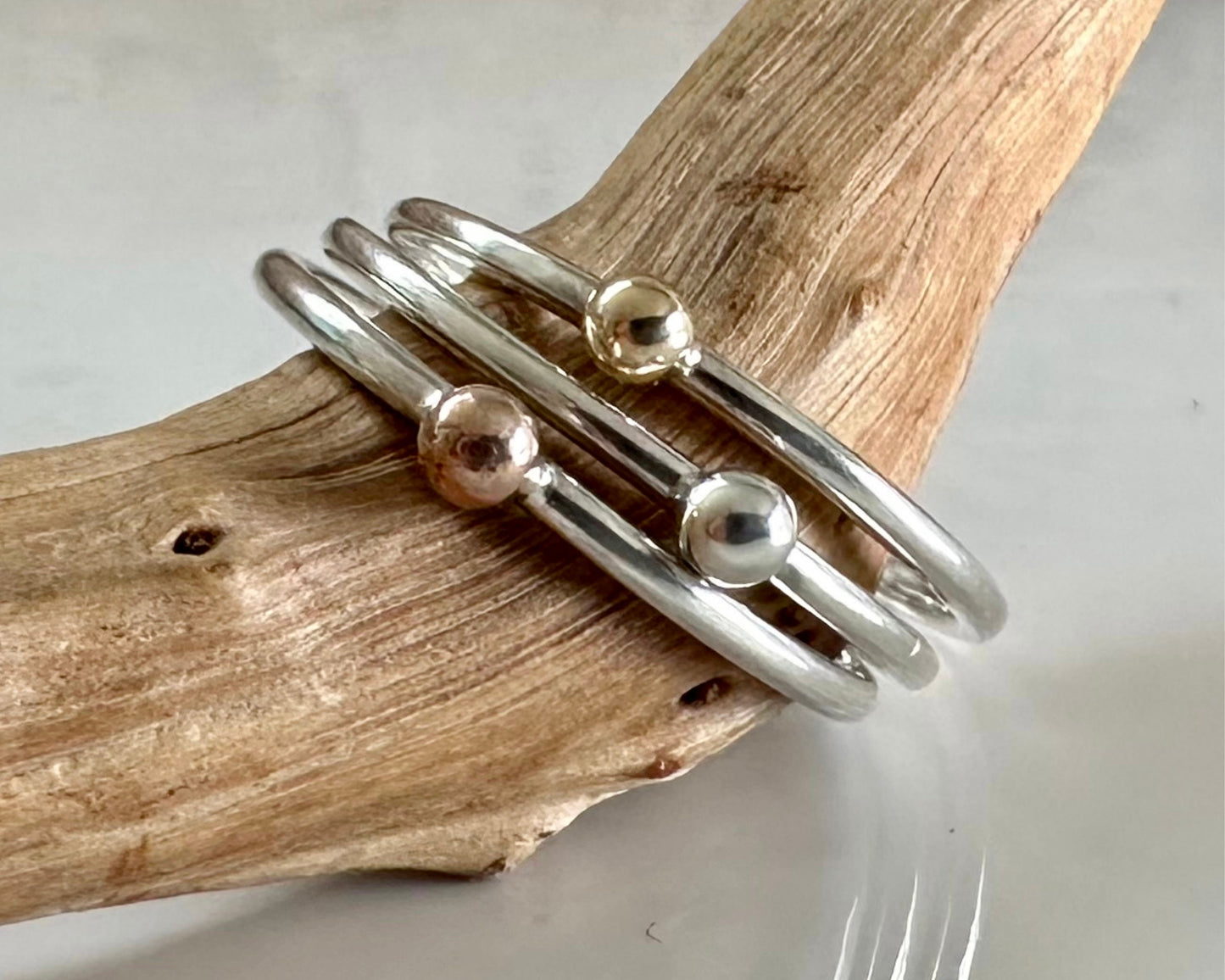 Solid Yellow Gold, Rose Gold or Silver Dot on 1.3mm 925 Sterling Silver Ring Band, Pebble Ring, Mixed Metal Recycled Stacking Ring.