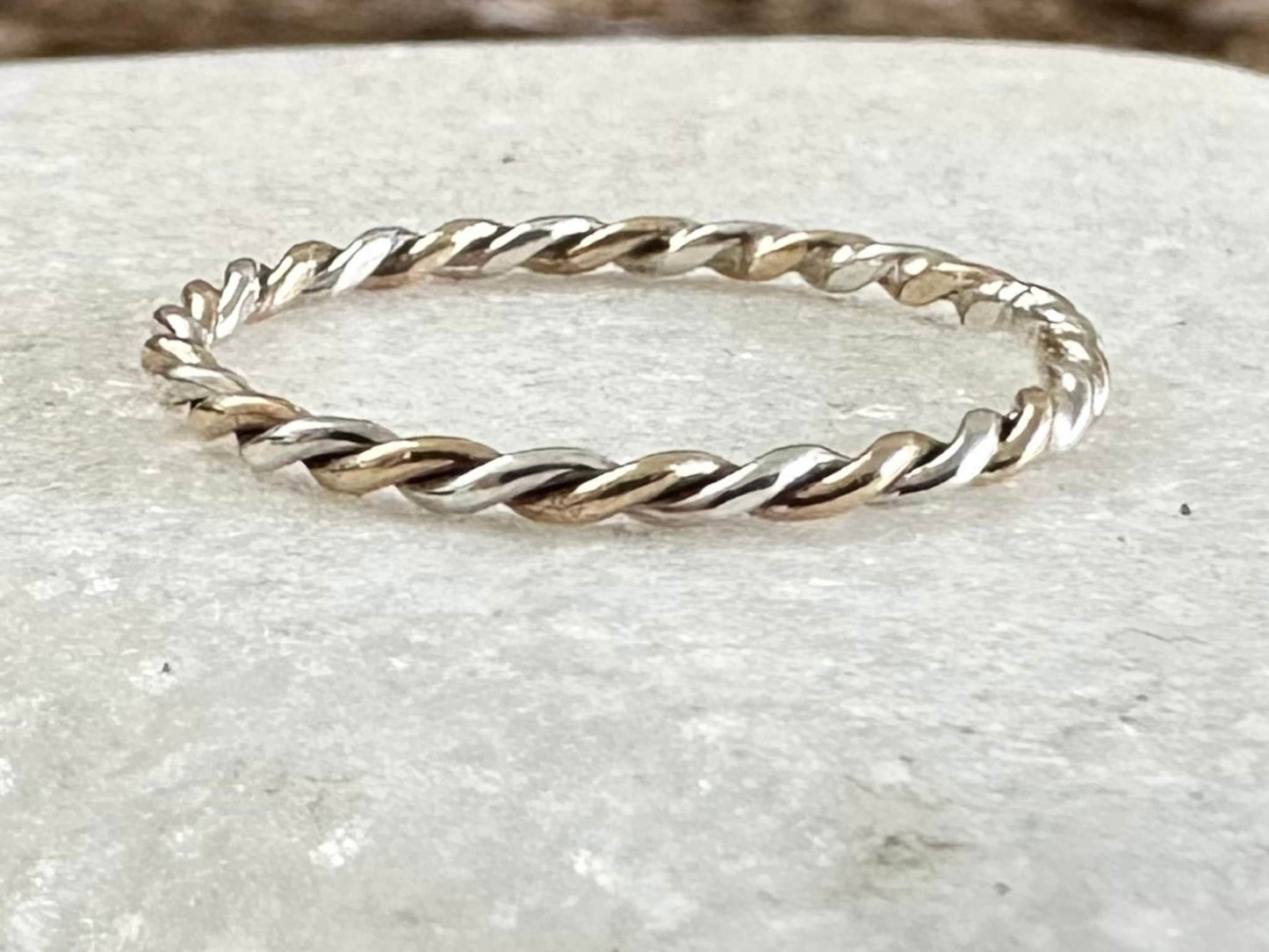 Solid 9ct Gold and Sterling Silver Ring, Mixed Metal Rope Ring, Twisted Ring, Handmade Precious Metal Stacking Ring.