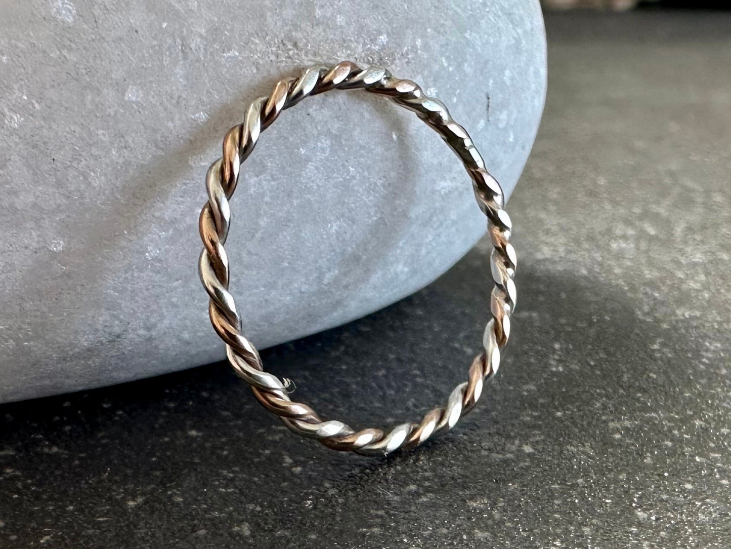 Solid 9ct Rose Gold and Sterling Silver Ring, Mixed Metal Rope Ring, Twisted Ring, Handmade Precious Metal Stacking Ring, Red Gold.