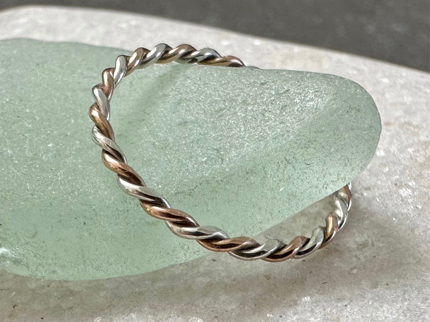 Solid 9ct Rose Gold and Sterling Silver Ring, Mixed Metal Rope Ring, Twisted Ring, Handmade Precious Metal Stacking Ring, Red Gold.