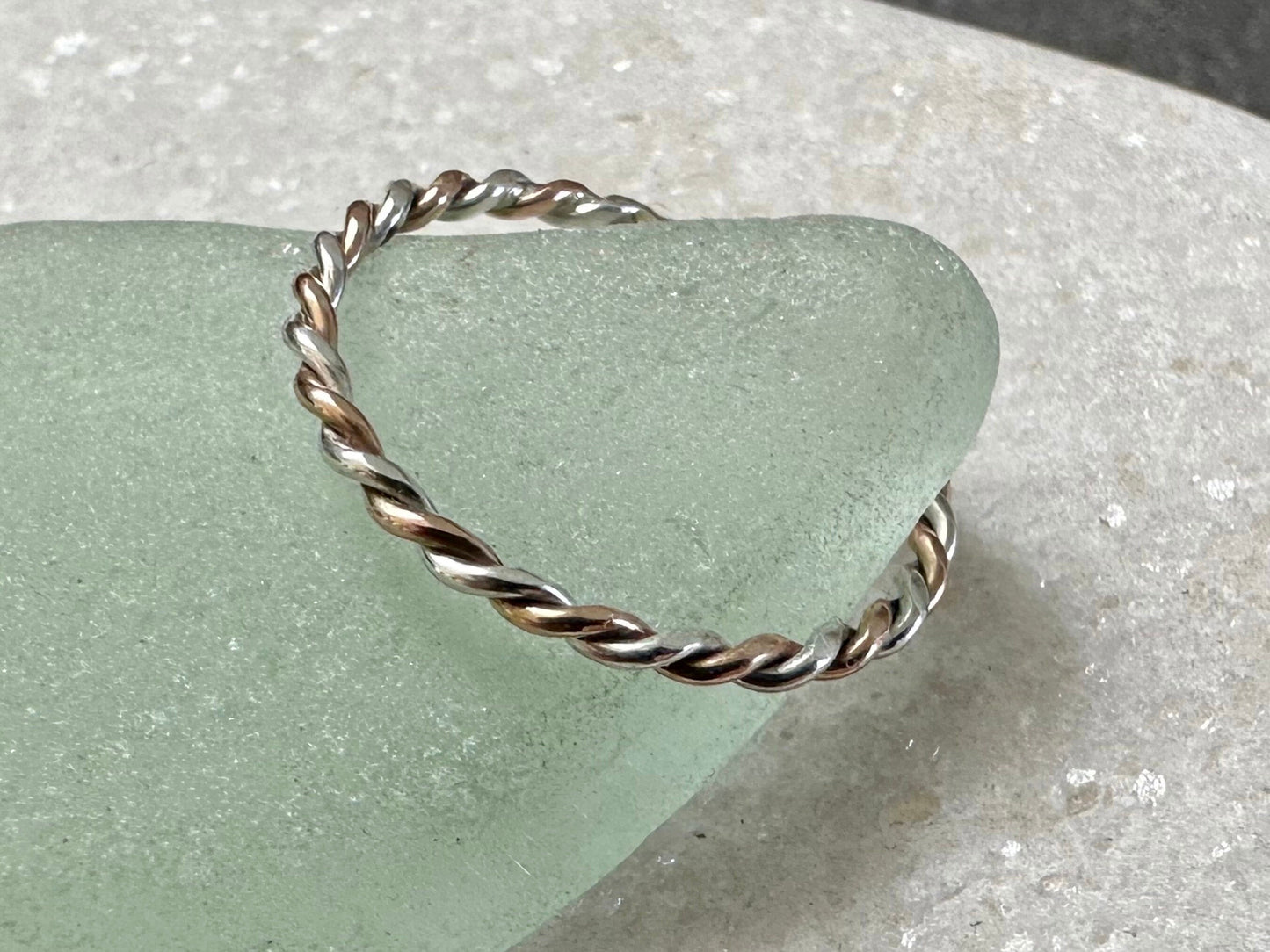 Solid 9ct Rose Gold and Sterling Silver Ring, Mixed Metal Rope Ring, Twisted Ring, Handmade Precious Metal Stacking Ring, Red Gold.