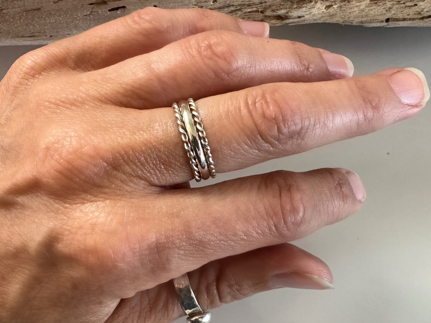 Solid 9ct Rose Gold and Sterling Silver Ring, Mixed Metal Rope Ring, Twisted Ring, Handmade Precious Metal Stacking Ring, Red Gold.