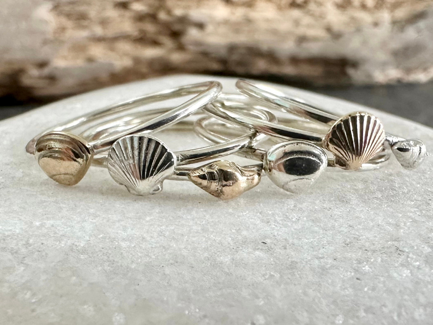 Scallop Shell Stacking Ring, Solid 9ct Gold or Sterling Silver Shell on a 1.2mm 925 Sterling Silver Ring Band, Seashell Ring