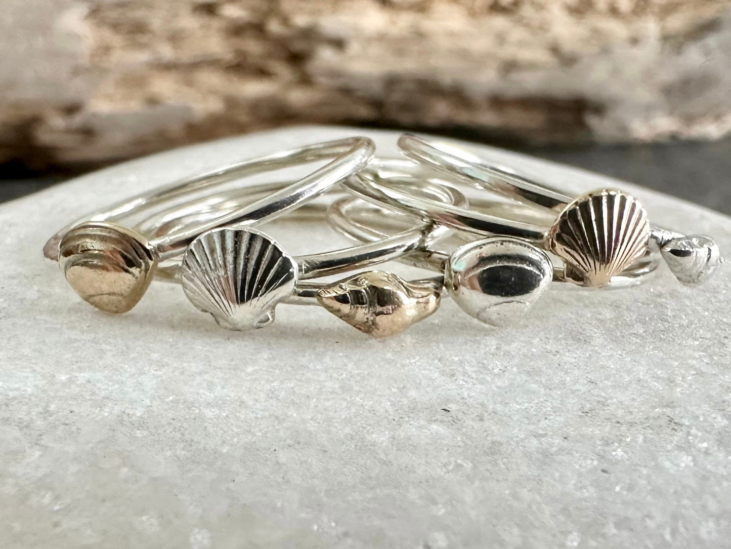 Whelk Shell Stacking Ring, Solid 9ct Gold or Sterling Silver Shell on a 1.2mm 925 Sterling Silver Ring Band, Seashell Ring