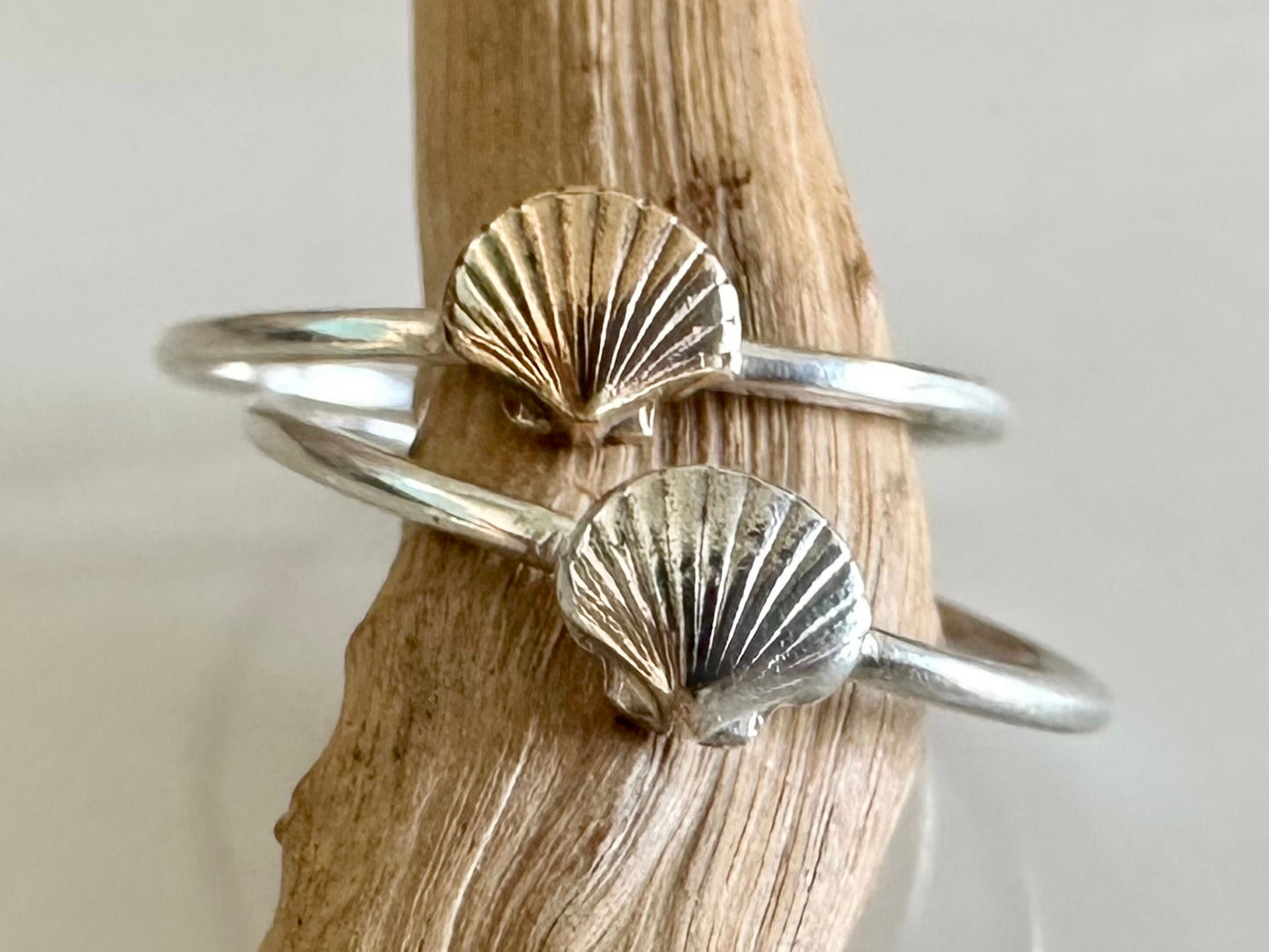 Scallop Shell Stacking Ring, Solid 9ct Gold or Sterling Silver Shell on a 1.2mm 925 Sterling Silver Ring Band, Seashell Ring