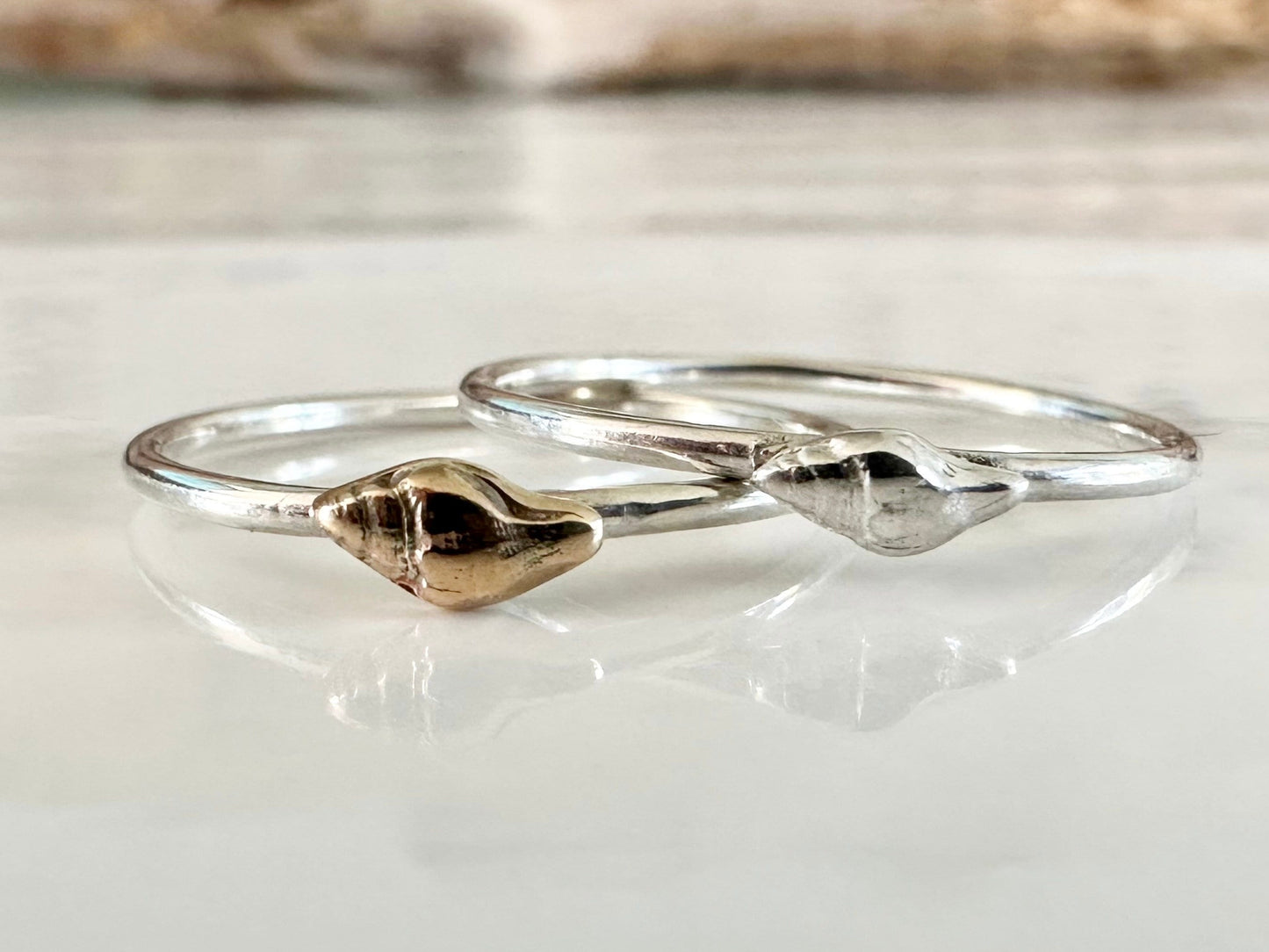 Whelk Shell Stacking Ring, Solid 9ct Gold or Sterling Silver Shell on a 1.2mm 925 Sterling Silver Ring Band, Seashell Ring