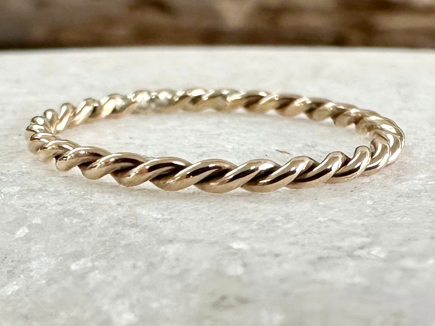 Solid 9ct Yellow Gold Hand Twisted Rope Ring, Handmade Precious Metal Stacking Ring.